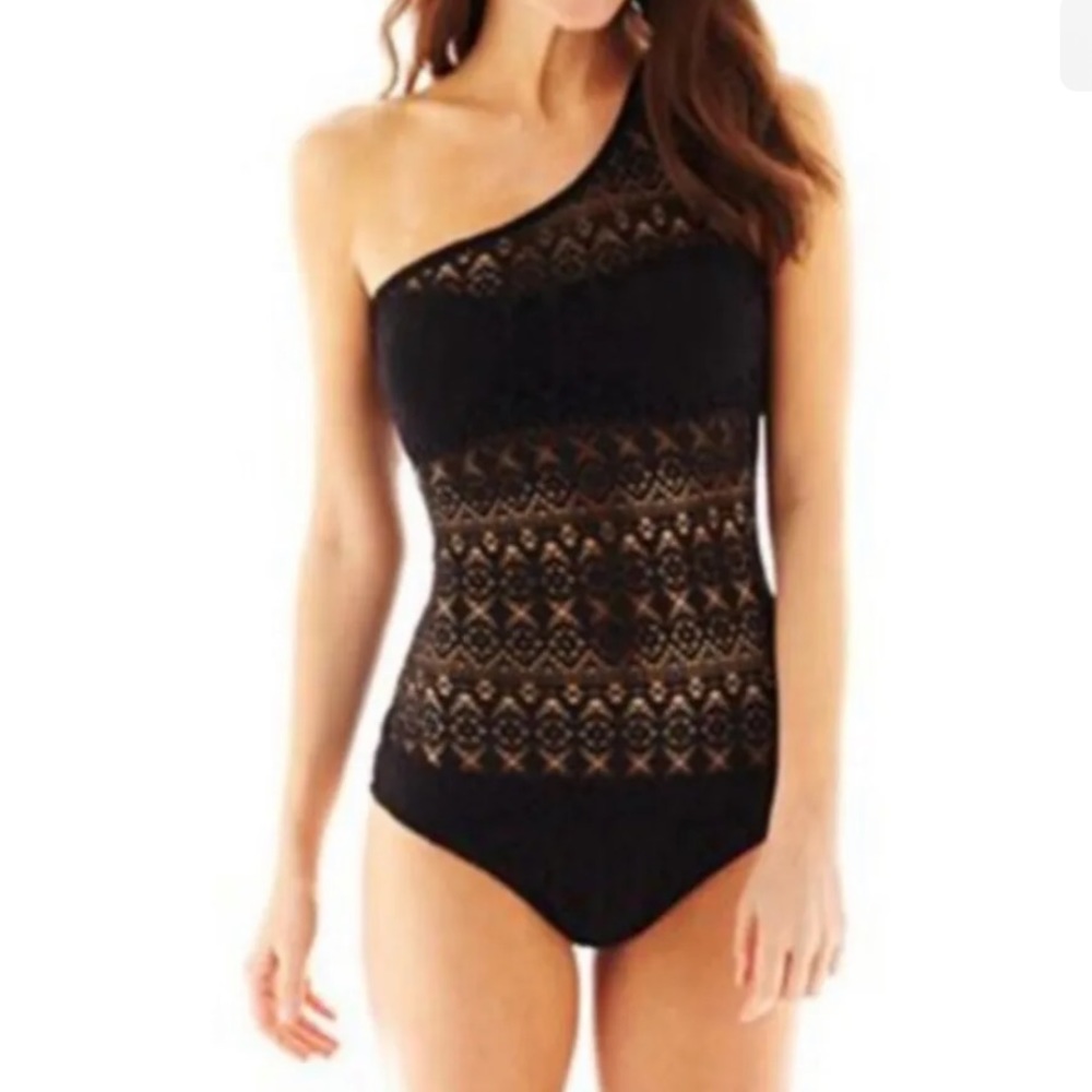 Bisou Bisou Crochet Asymmetrical Shoulder 1PC Swimsuit Black Sz L NWT MSRP $80